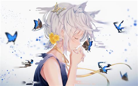 Necklace Butterfly Short Hair Anime Girls Blue Butterflies 1080p