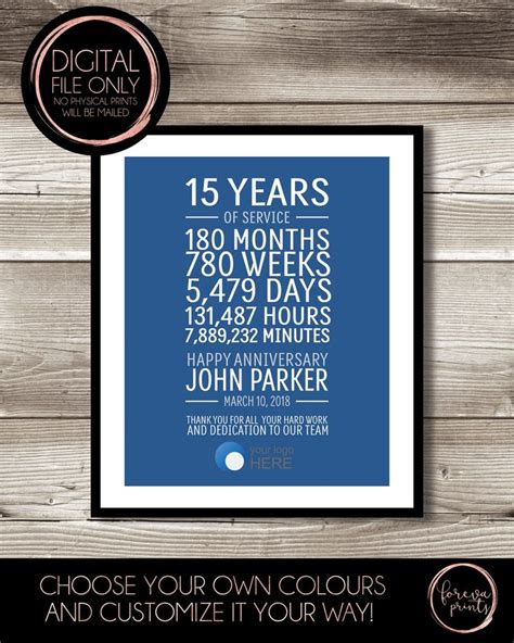 Our tips for a 15th year anniversary gift buying guide. 15 Year Work Anniversary Print; gift, digital print ...