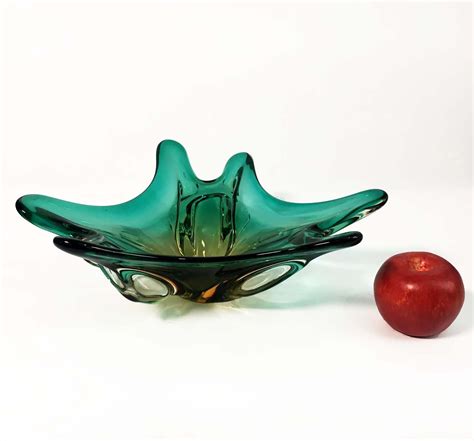 vintage emerald green and yellow art glass bowl star shaped heavy large murano glass bowl