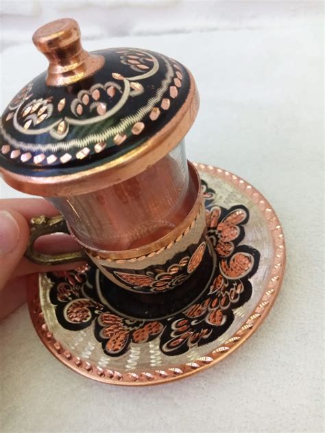 Turkish Copper Handmade Copper Tea Set Embroidered Tea Cup Etsy