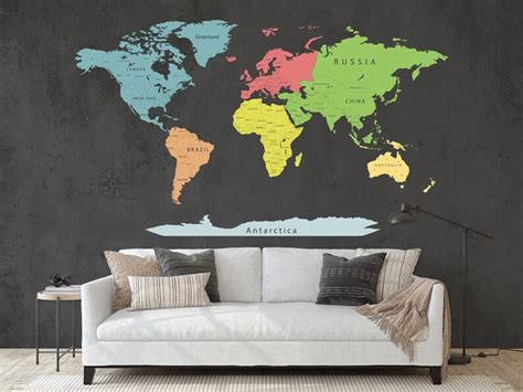 World Map Of The Continents Wall Art Decal Detailed World Map Etsy