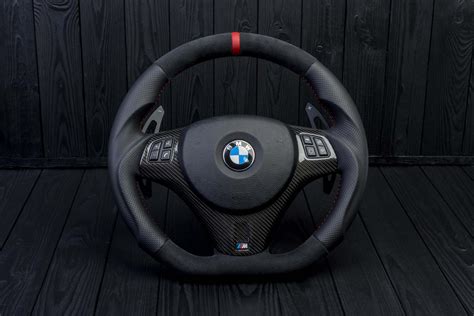 Steering wheel BMW е9х/е8х Paddle DKT Carbon fiber/Alcantara/Perforated leather/Red stripe - Aza ...
