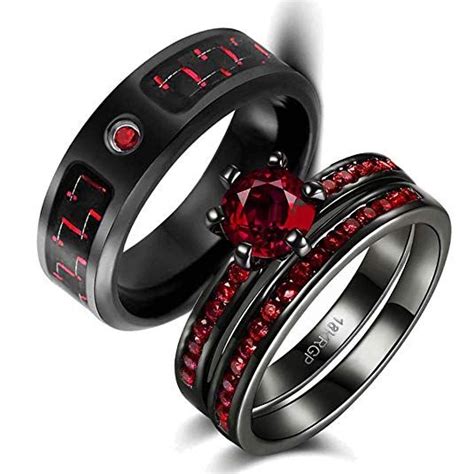 2pc Black Gold Filled Red Cz Wedding Ring Engagement Rings Bridal