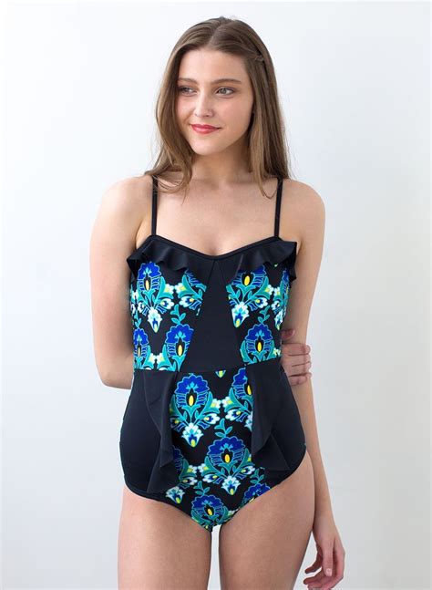 Double Ruffle India Flower One Piece Onepiece Swimsuit Modest Modest