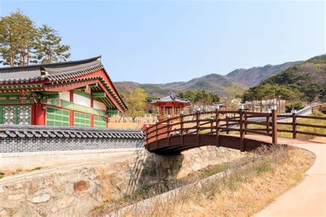 Landscape Of Korean Garden With Korean Traditional House Stock Photo