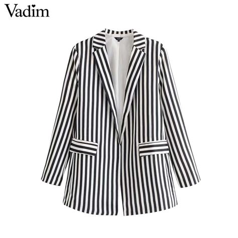 Vadim Women Chic Office Wear Striped Blazer Pockets Long Sleeve Female