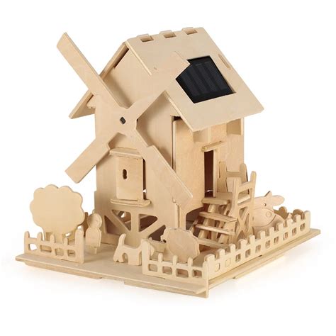 wooden solar energy powered 3d windmill waterwheel diy puzzle jigsaw building educational toy
