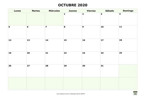Plantilla Calendario Octubre 2020 Para Imprimir Imprimir Plantilla De