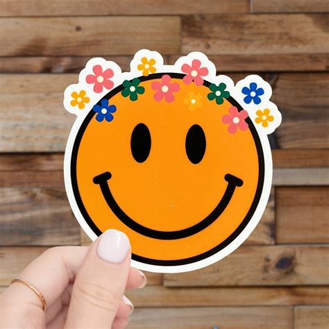Orange Hippie Smiley Face With Flowers Sticker Waterproof Etsy