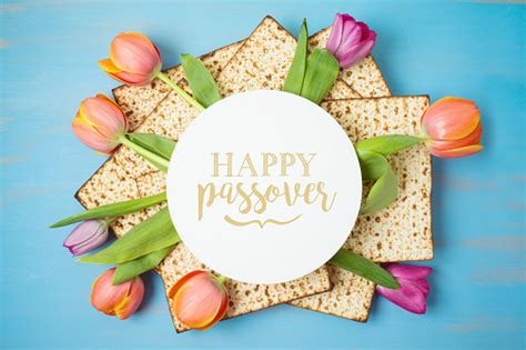 Jewish Holiday Passover Greeting Card With Matzah And Tulip Flowers On