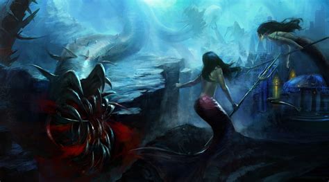 fantasy art mermaids underwater monster dark weapons wallpaper 1945x1080 30790 wallpaperup