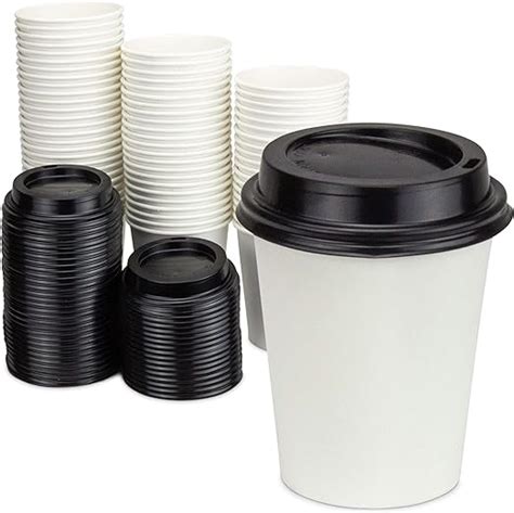 [100 Pack] 8 Oz Disposable White Paper Cups With Black Lids On The Go Hot And Cold