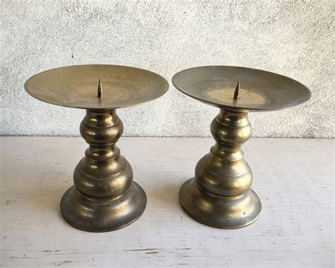 Pair Of Two Vintage Brass Candle Holders Made In Hong Kong Short