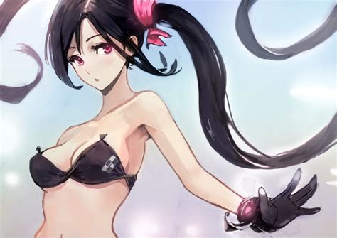 Wallpaper Anime Girls Cartoon Black Hair Cleavage Original Characters Twintails Mouth