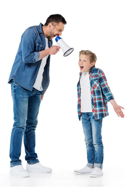 Premium Photo Father Holding Megaphone And Screaming At Little Son