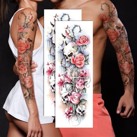 Full Sleeve Temporary Tattoos Rose Arm Flower Floral Body Art Etsy