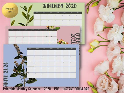 2020 Monthly Calendar Printable Floral Horizontal Calendar 2020