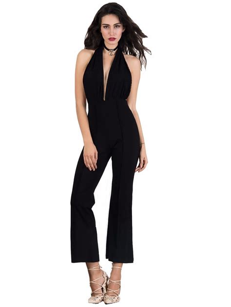 2016 New Fashion Sexy Jumpsuit Black Halter Plunge Sleeveless Backless