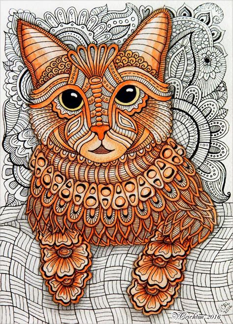 Zentangle Stylized Cat Illustration Gel Pen Watercolor Author