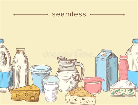 Seamless Pattern With Milk And Dairy Farm Food Products Hand Drawn