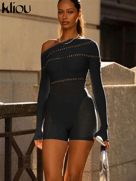 Kliou Mesh See Through Midnight Playsuits Women Sexy Inclined Shoulder Long Sleeve Hollow Out