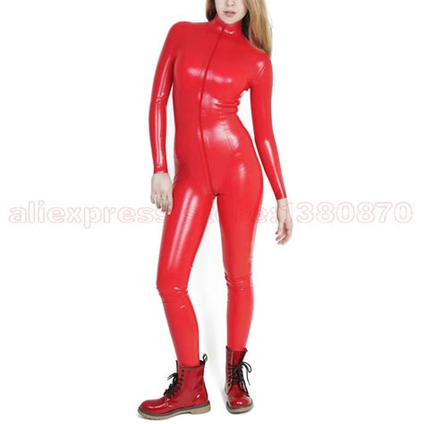 Solid Red Rubber Latex Catsuit Sexy Women Bodysuit With Front Zipper To Ass S Lc285 In Zentai