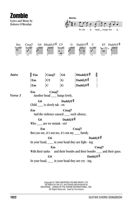 Zombie Sheet Music By The Cranberries Lyrics Chords
