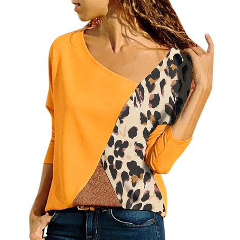 Poleras Mujer Women Long Sleeve Splicing Color Leopard Print Casual