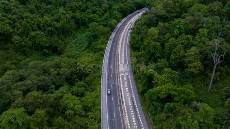 Aerial View Car Driving Through The Forest Road Asphalt Road Passing