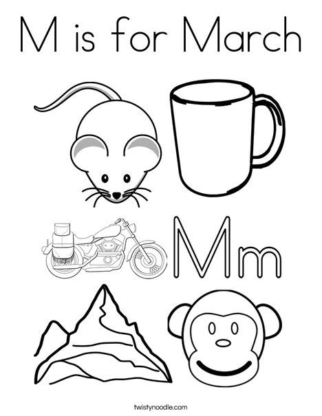 Even if you have a colour printer, i prefer the black and white version which the set page margins to zero if you have trouble fitting the template on one page (file, page setup or file, printer setup in most browsers). M is for March Coloring Page - Twisty Noodle