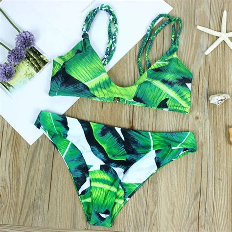 Aliexpress Com Buy New Green Leaf Print Bikini Sets High Neck