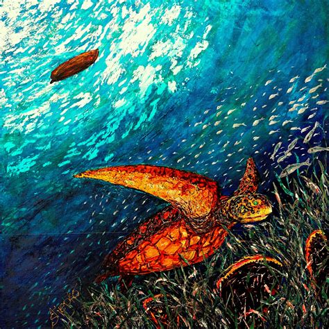 The Sea Turtle Mixed Media With Golden Leaves On Linen Canvassize 80