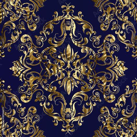 Baroque Gold Seamless Pattern Blue Vector Floral Background With