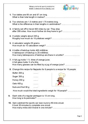 Measurement word problems - Measuring and Time Worksheets for Year 4