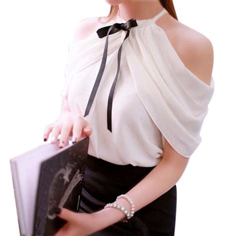 chiffon sexy off shoulder tops 2019 summer sexy blouses halter neck bowknots black white solid