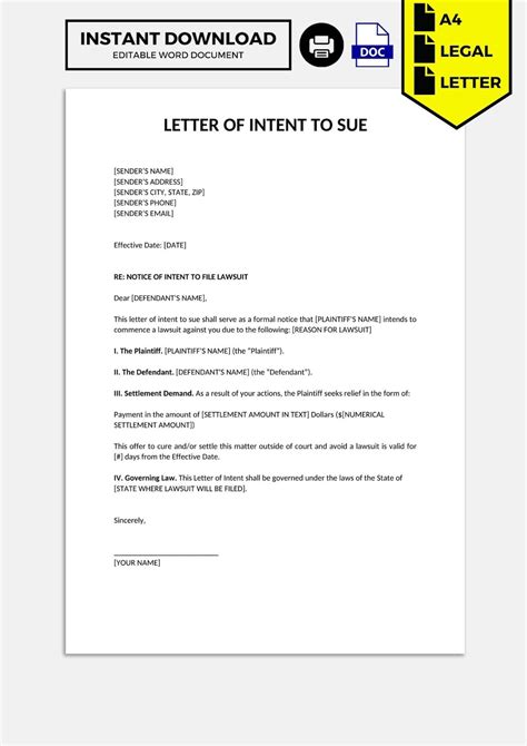 Letter Of Intent To Sue Template Etsy