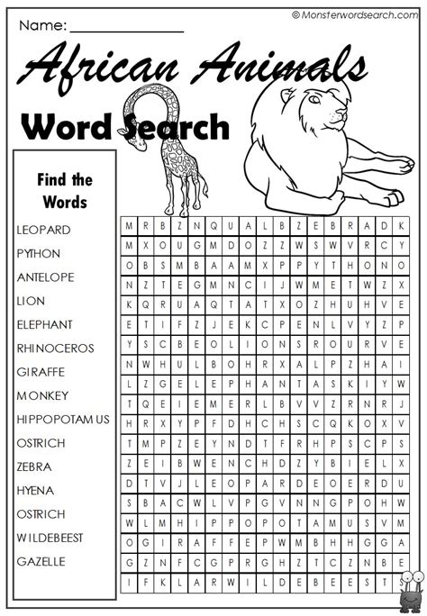 African Animals Word Search Monster Word Search