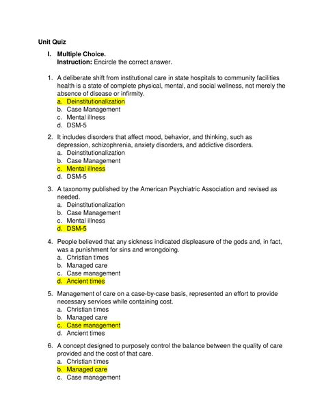 Psychiatry Quiz Short Quiz Unit Quiz I Multiple Choice