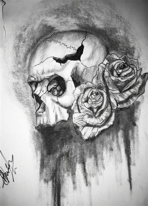 Skull And Rose I Done In Charcoal Drawing Sketch Design Tattoo