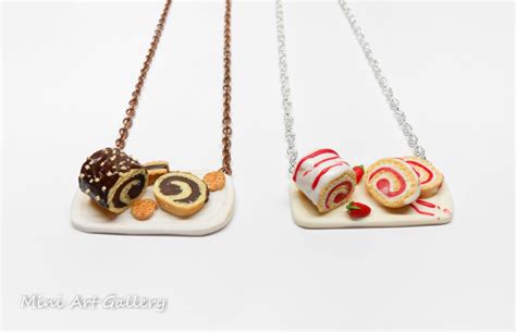 Swiss Roll Cake Necklace Polymer Clay Miniature Food Earrings Jewelry