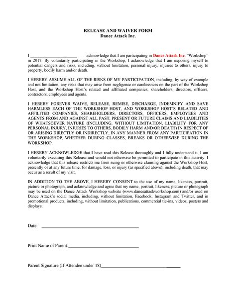 Printable Waiver And Assumption Of Risk Template