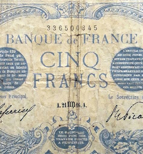 France Banknote 5 Cinq Francs Year 1916 Zodiac Note Rare Free