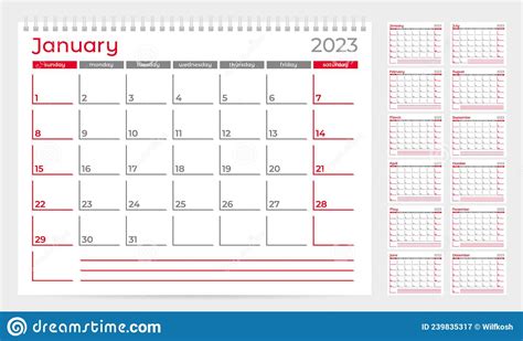 Calendar 2023 Planner Template Week Starts On Sunday Stock Vector