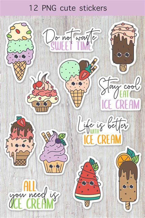Ice Cream Kawaii Sticker Bundle12 Png Stickers Design