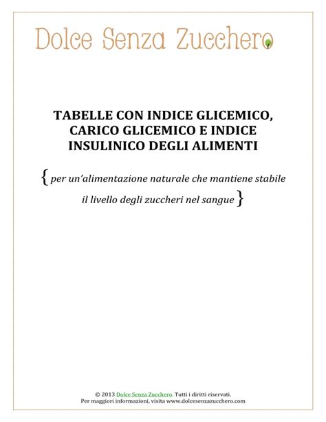 Tabella Indice E Carico Glicemico E Indice Insulinico