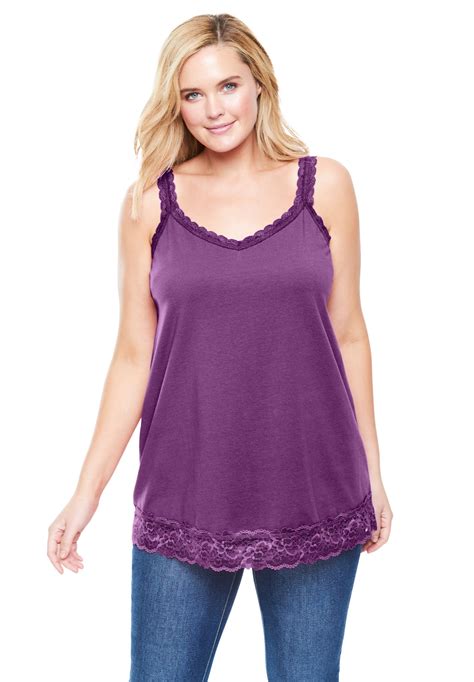 Woman Within Womens Plus Size Lace Trim V Neck Tank Top