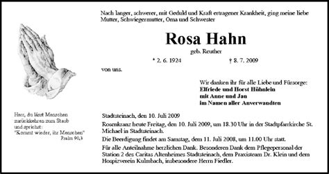 Rosa Hahn Traueranzeige Frankende