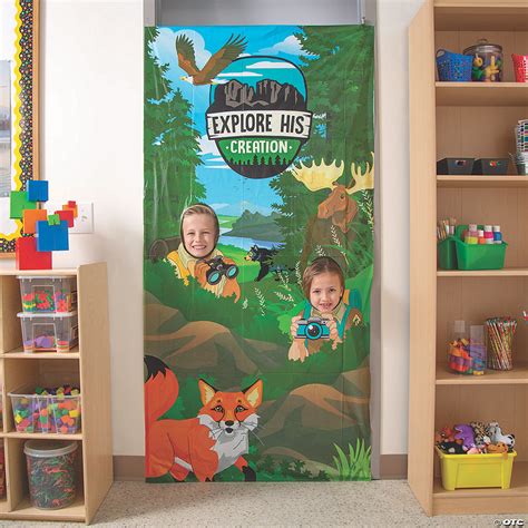 There are a lot of colourful posters on the door and an attractive old indian rug. Wild Encounters VBS Photo Door Banner | Oriental Trading