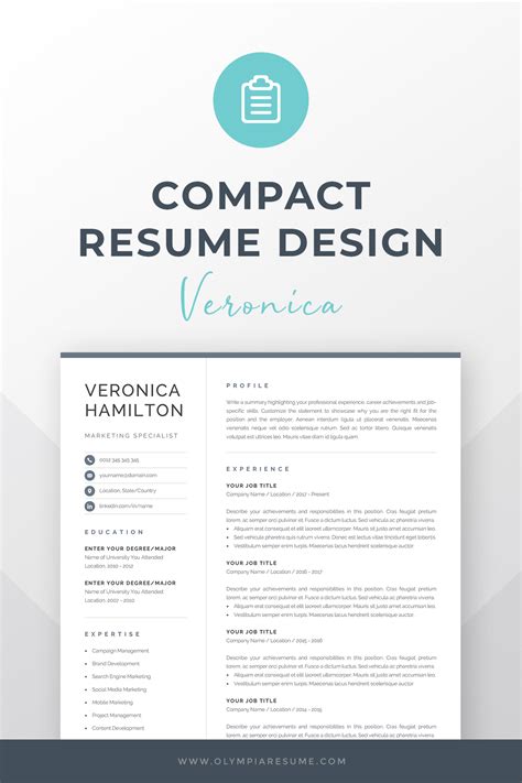 Professional Resume Cv Template With A Modern And Compact Design Includes One Page Resume