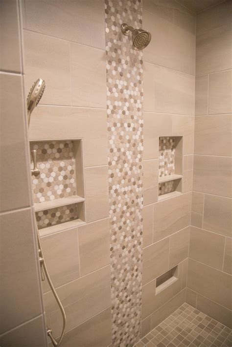 Beige Porcelain Tile Shower With Accent Strip And Niche Beige Bathroom